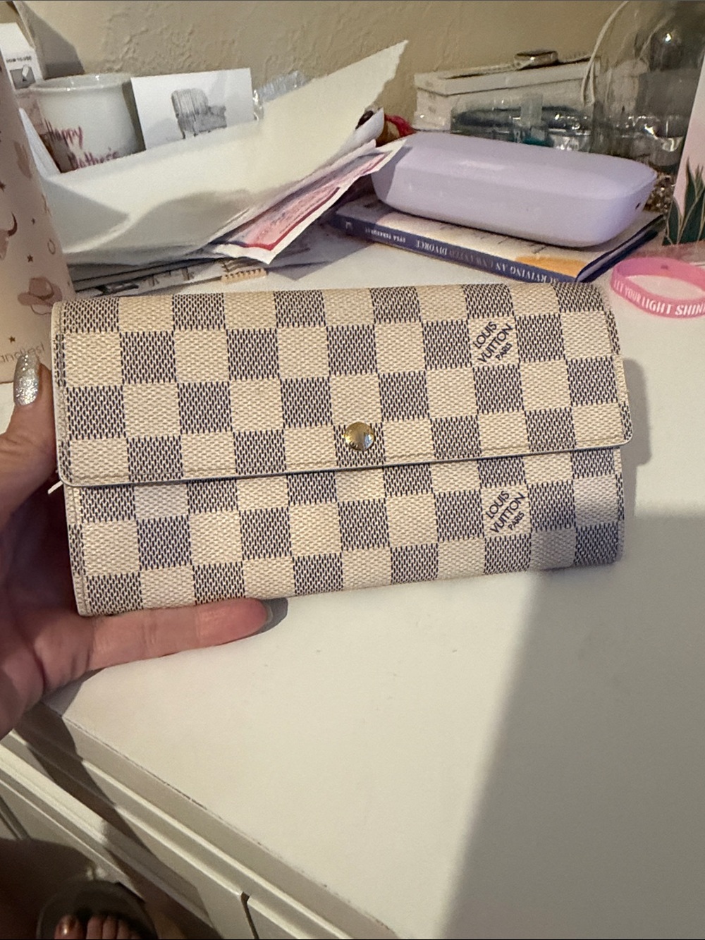 Louis Vuitton Damier Azur Trifold Canvas Wallet - white and gray